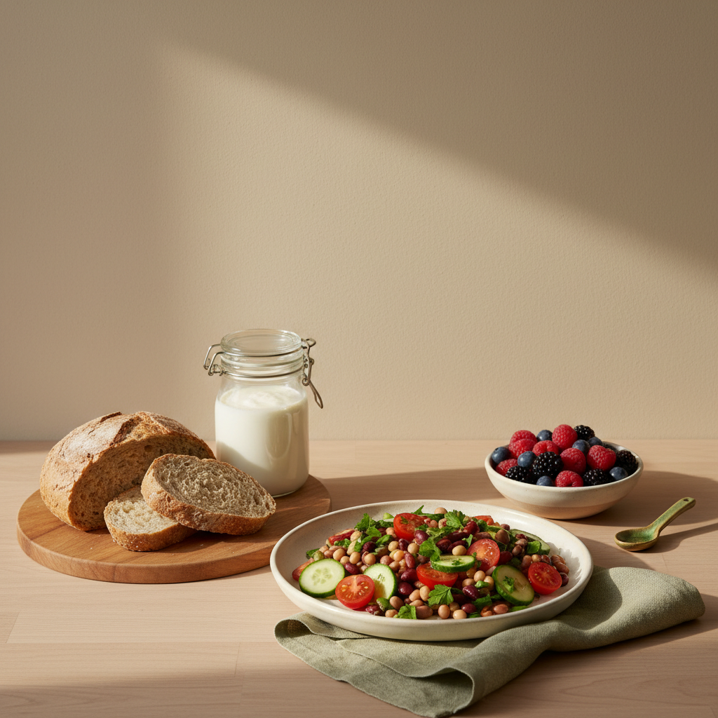 Heimelige Vollbild-Küchenaufnahme mit buntem Bohnensalat, Vollkornbrot, Kefirglas und einer Schale Beeren vor #dbdbcf-Hintergrund, dezenter Akzent #a5cd8d — nährstoffreiche lebensmittel