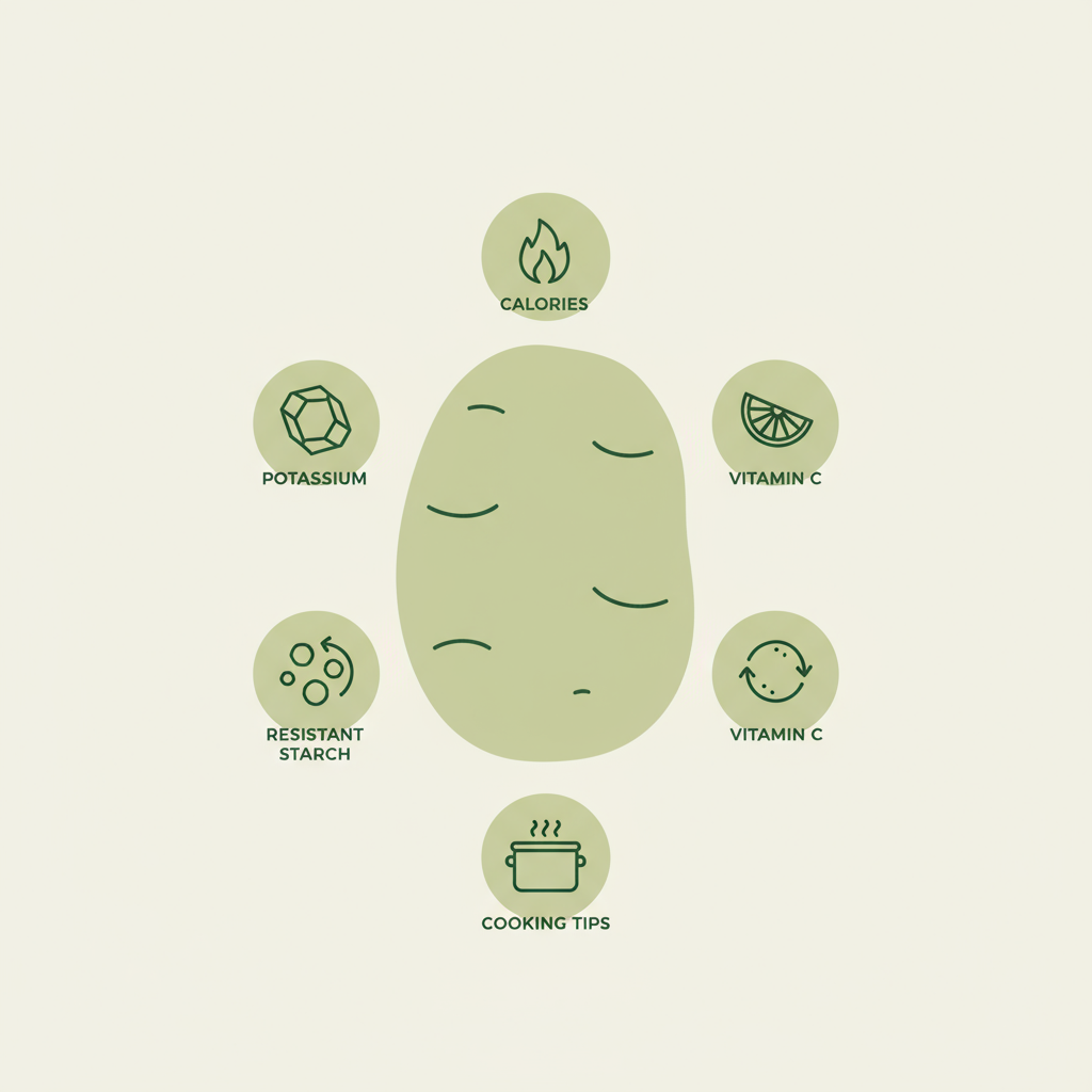Minimalistische 2D-Vektor-Infografik einer stilisierten Kartoffel mit fünf Icons zu Kalorien, Kalium, Vitamin C, resistenter Stärke und Kochtipps — Kartoffeln gesund