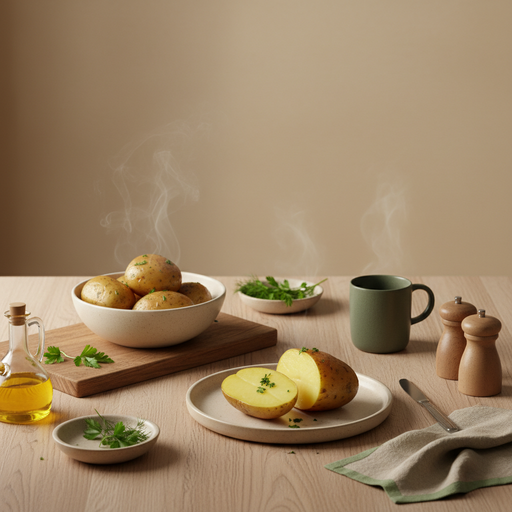 Minimalistischer Heimtisch mit Pellkartoffeln und Ofenkartoffel, warmes Fensterlicht und dezente Markenfarben; Kartoffeln gesund, natürlich und appetitlich angerichtet.