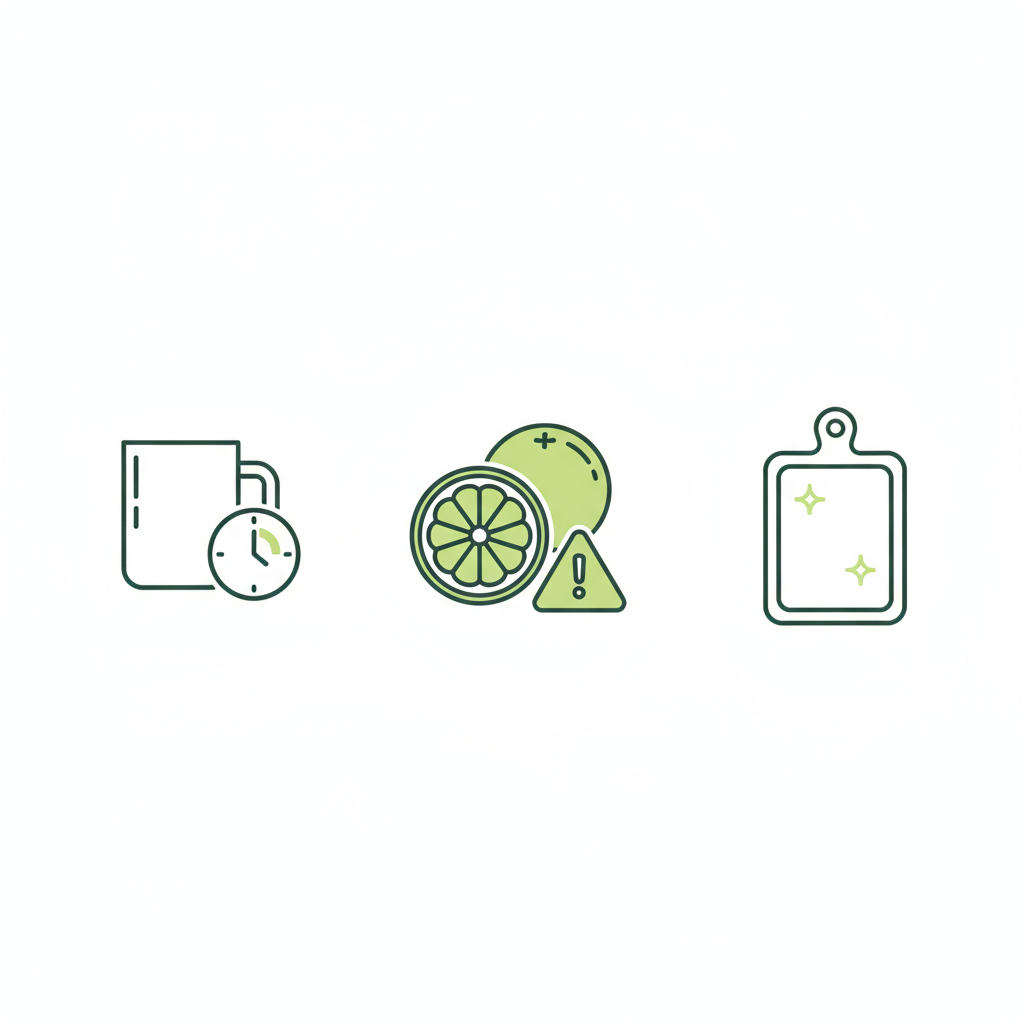 Minimalistische 2D-Vektor-Infografik mit drei Icons (Tasse mit 1–2h-Uhr, Grapefruit mit Warnsymbol, sauberes Schneidebrett) – Welche Lebensmittel sollte man nicht zusammen essen?