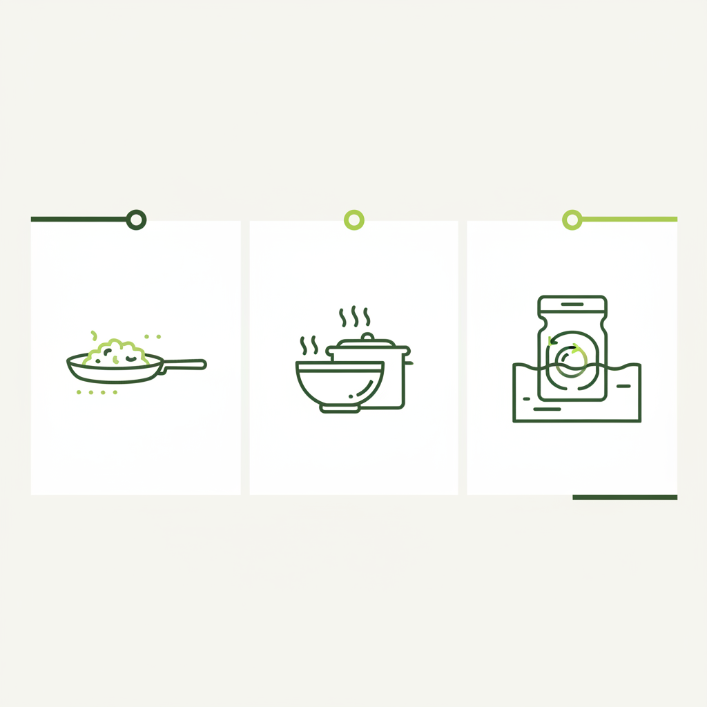 Minimalistische Vektor-Infografik zeigt drei Methoden zum Rührei zubereiten: Pfanne (low-and-slow), Bain‑Marie und Sous‑vide, flache Icons in Markenfarben.