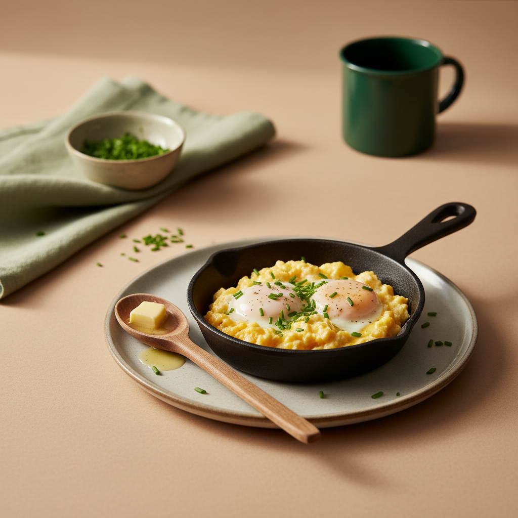 Nahaufnahme einer kleinen Pfanne mit cremigem Rührei, Schnittlauch, hölzernem Löffel und Butter vor Hintergrund #dbdbcf – Rührei zubereiten, minimalistisches Frühstück.