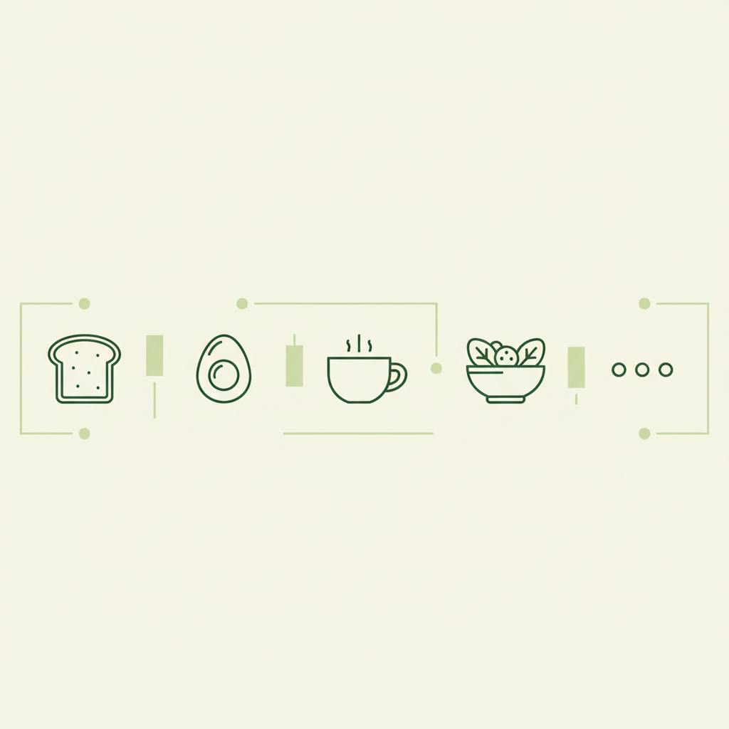 Minimalistische Brunch-Infografik mit Vektor-Icons: Brot, Ei, Kaffeetasse, Salat und Portionssymbole in Markenfarben #dbdbcf, #a5cd8d, #21431f.