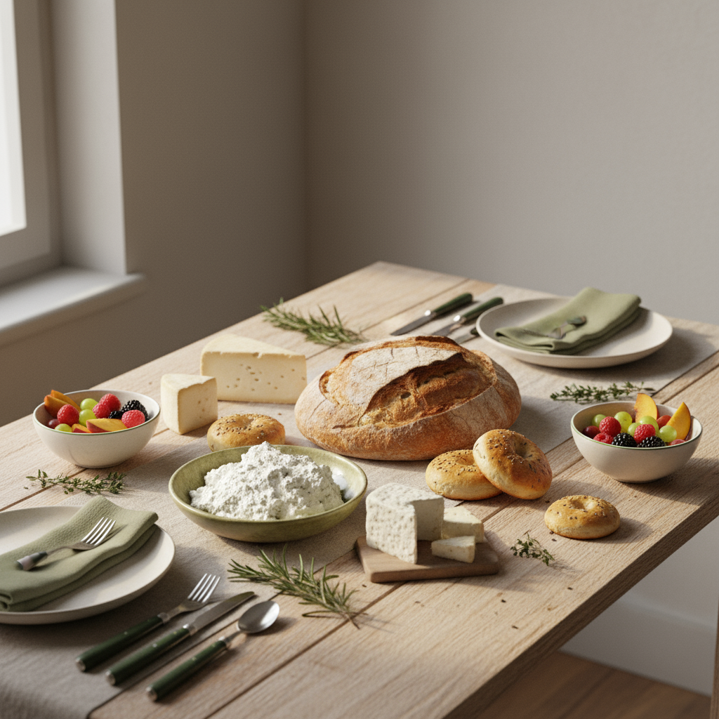 Minimalistischer Brunch auf Holztisch mit frischem Brot, verschiedenen Käsen, Obstschalen und Kräutern in warmer Schnell Lecker Ästhetik