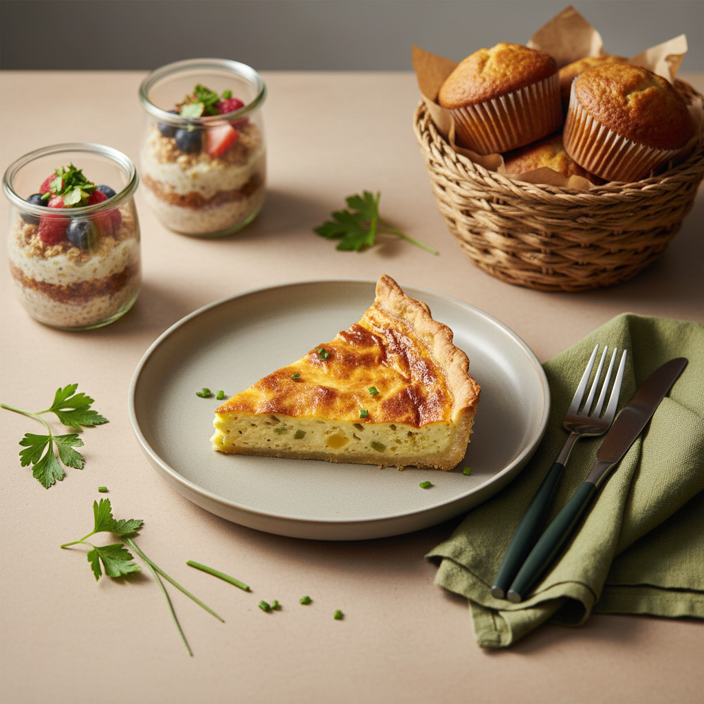 Brunch am Vortag vorbereiten: Minimalistisch arrangierte Quiche-Scheibe, Muffins im Korb und Schicht-Overnight-Oats in Gläsern auf hellem #dbdbcf-Hintergrund