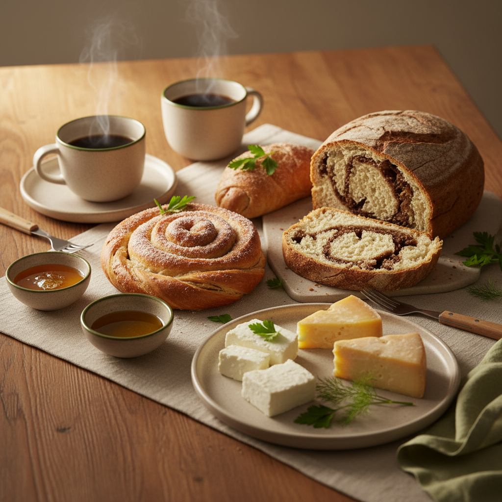 Gemütlicher Brunch im europäischen Stil auf Holztisch mit ungarischem und rumänischem Gebäck, Käse, Kaffee und frischen Kräutern, warmes Tageslicht, dezente Markenfarben.