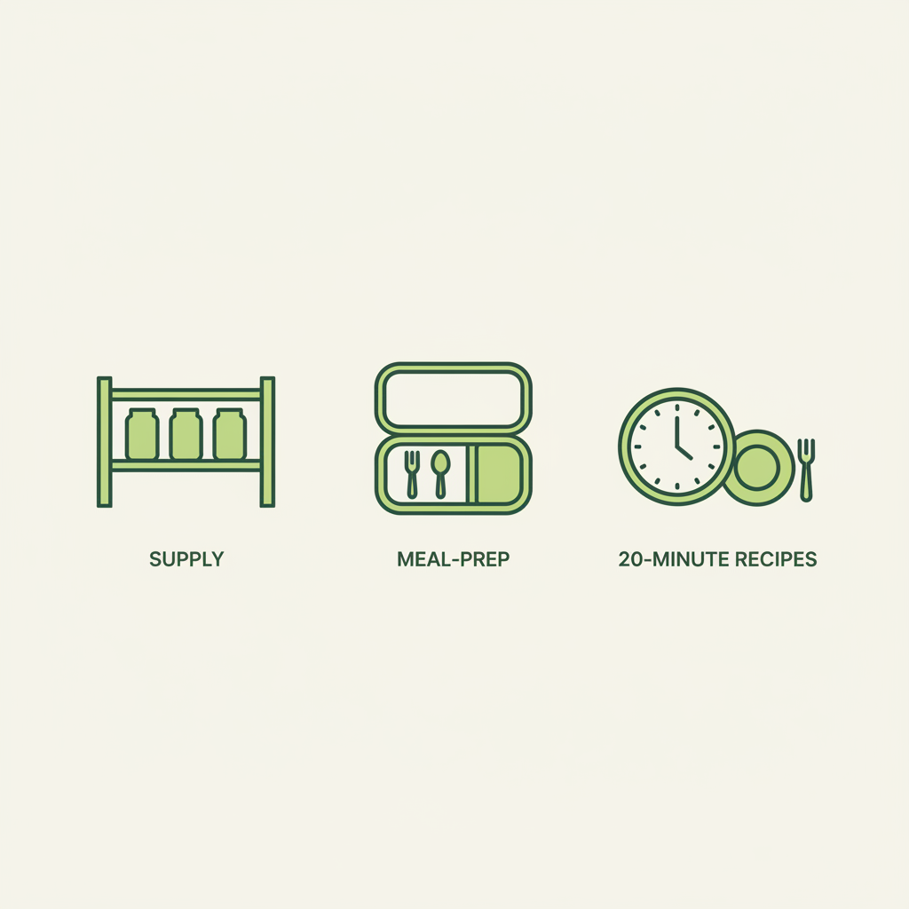 Minimalistische Vektor-Infografik mit Icons für Vorrat, Meal-Prep und 20-Minuten-Rezepte für Brunch, Frühstück und Mittagessen in Schnell Lecker Markenfarben