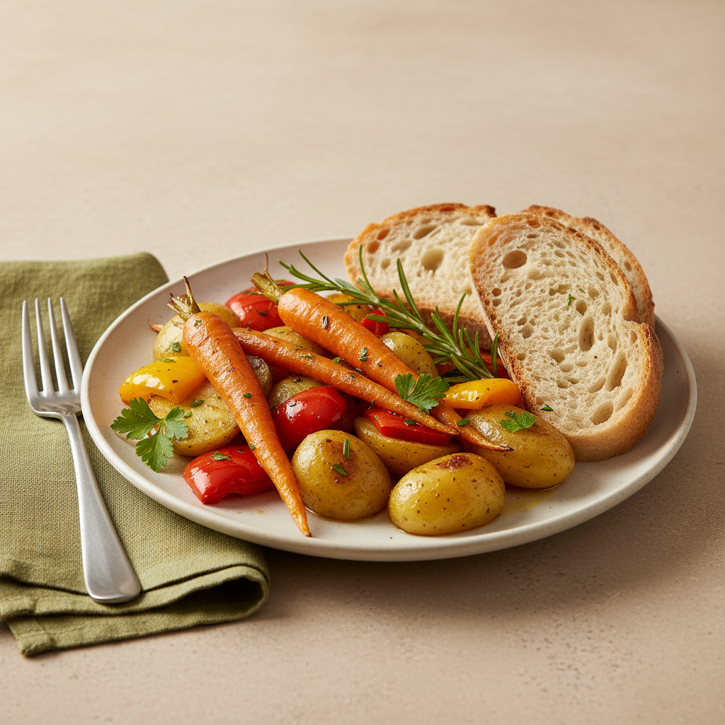 Nahaufnahme eines europäischen Tellers mit geröstetem Gemüse, Brot und frischen Kräutern in warmer Küche – ideal für Brunch, Frühstück und Mittagessen.