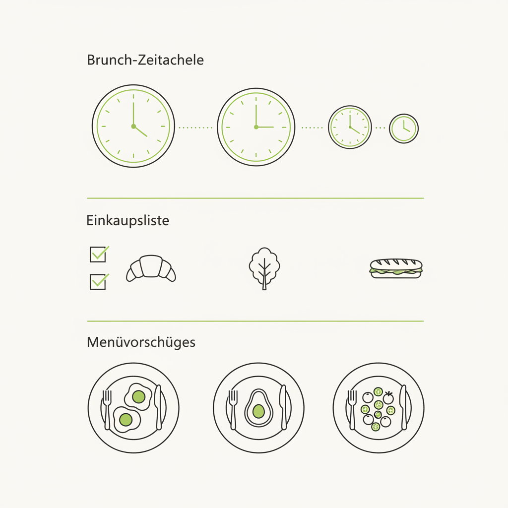 Minimalistische 2D-Vektor-Infografik für mittagessen-brunch mit Zeitplan, Einkaufsliste und Menüvorschlägen in Schnell-Lecker-Farben, cleanes Layout ohne Text.