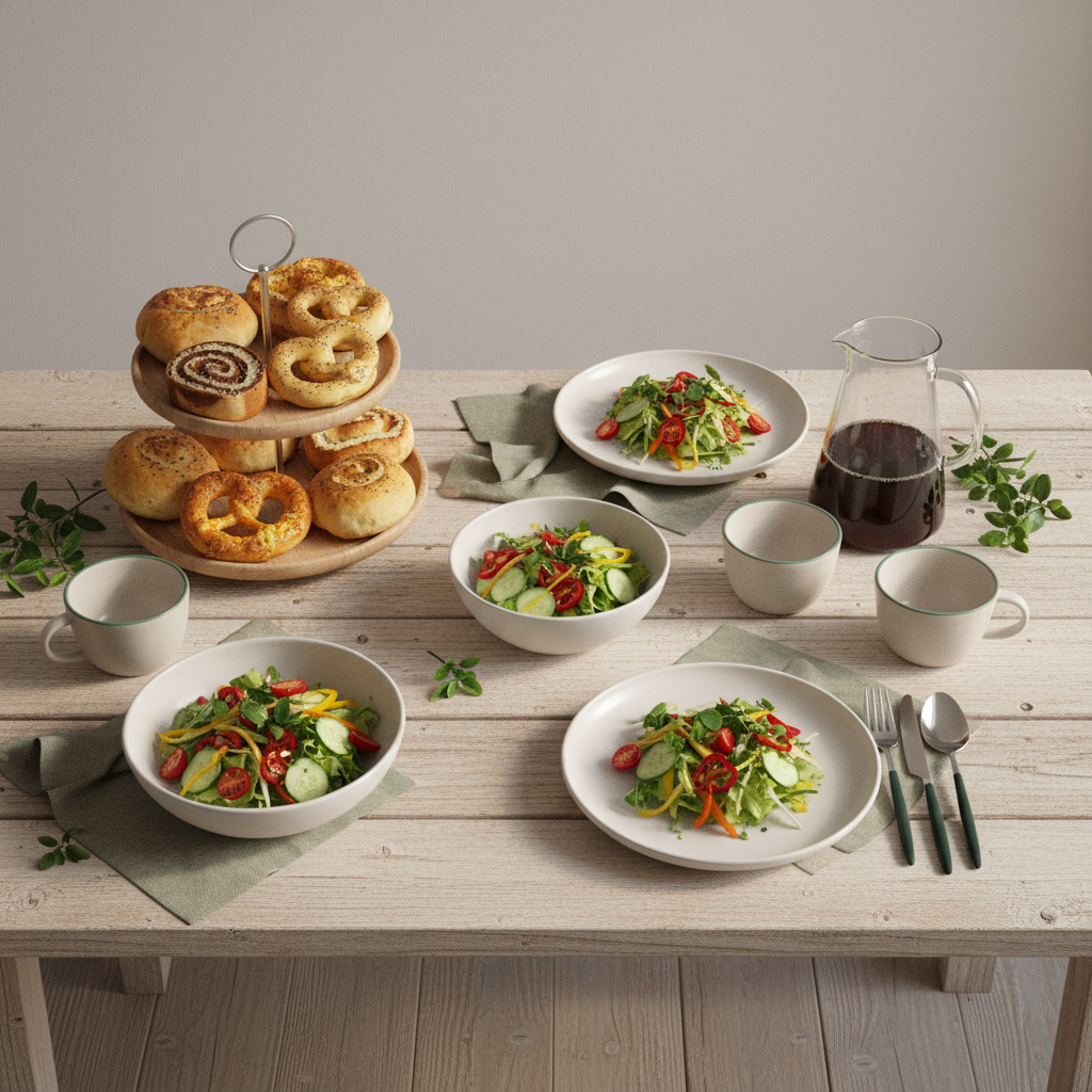 Holztisch mit sorgfältig arrangiertem Mittagessen‑Brunch: bunte Salate, Gebäck auf Etage, Kaltbrüh-Karaffe, minimalistisches warmes europäisches Küchenambiente.