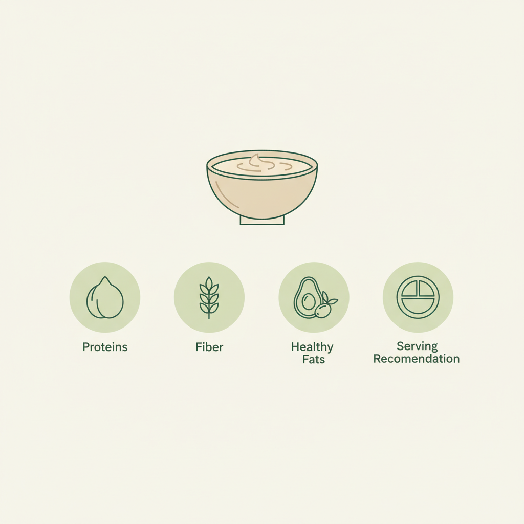 Minimalistische 2D-Vektor-Infografik zu Hummus mit Icons für Proteine, Ballaststoffe, gesunde Fette und Portionsempfehlungen in Markenfarben.
