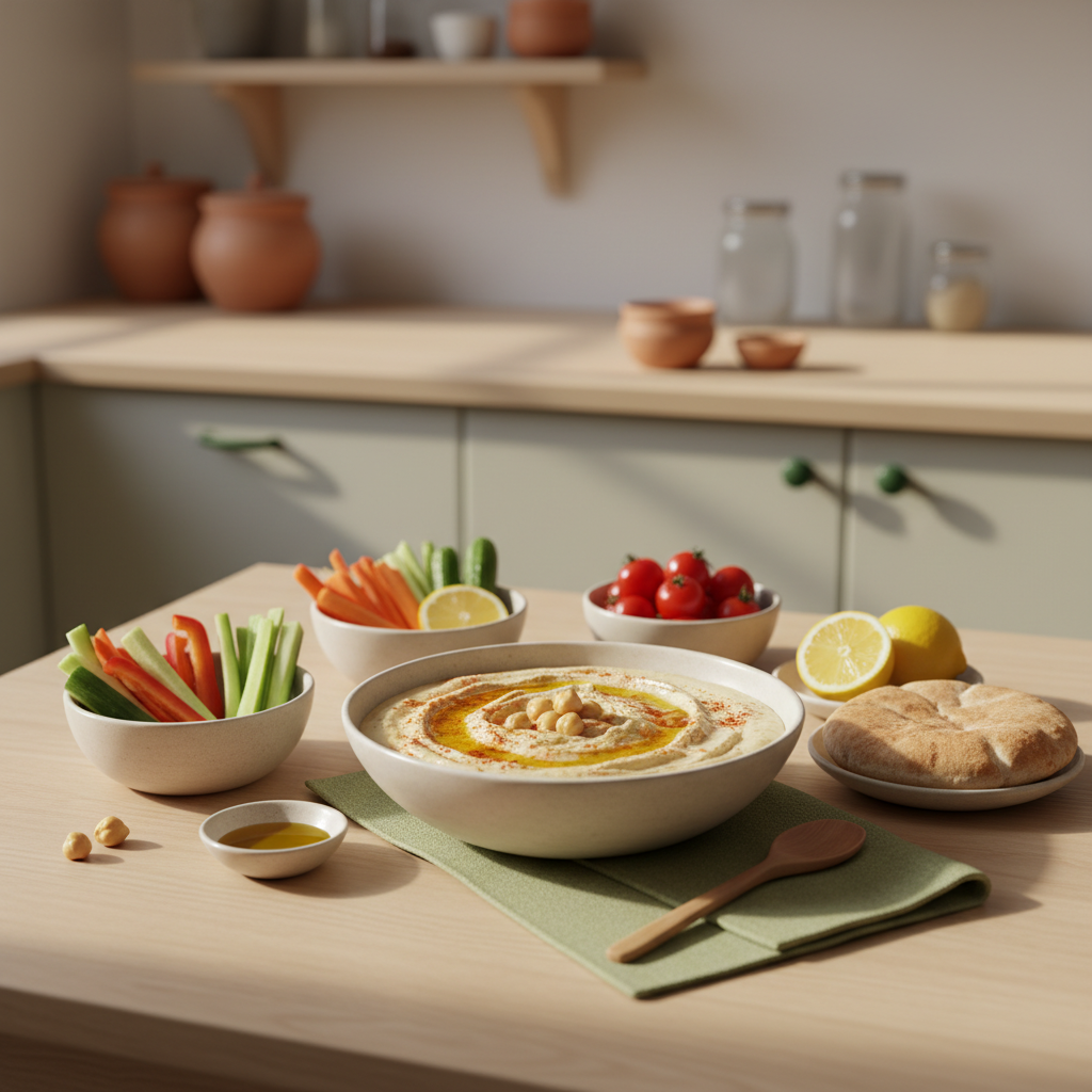 Warmer Holz-Küchentisch mit Schale Hummus, frischen Gemüsesticks und Utensilien vor neutralem Hintergrund, dezente Akzente in Markenfarben – Hummus Haltbarkeit