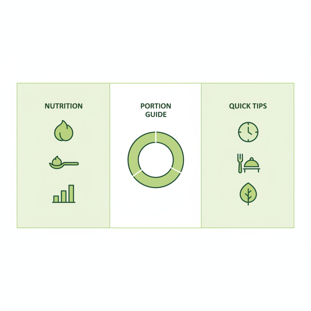 Minimalistische 2D-Vektor-Infografik mit Nährwert-Icons, Portions-Guide und schnellen Tipps für jeden tag Hummus essen, in Schnell Lecker Farbpalette.