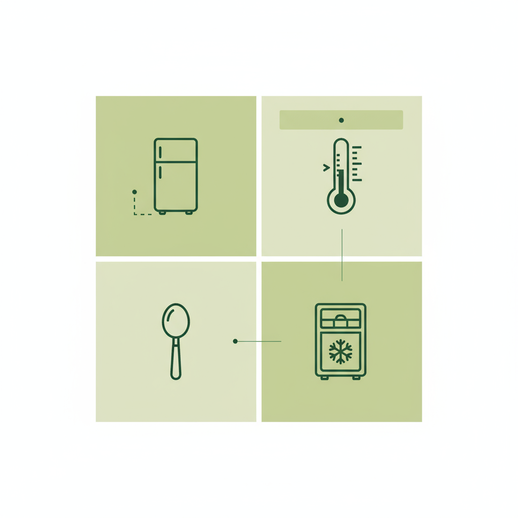 Minimalistische 2D-Vektor-Infografik mit Lagerungs-Icons (Kühlschrank, Thermometer, Löffel, Gefrierfach) im Schnell Lecker Design zur Illustration von Hummus Schimmel entfernen