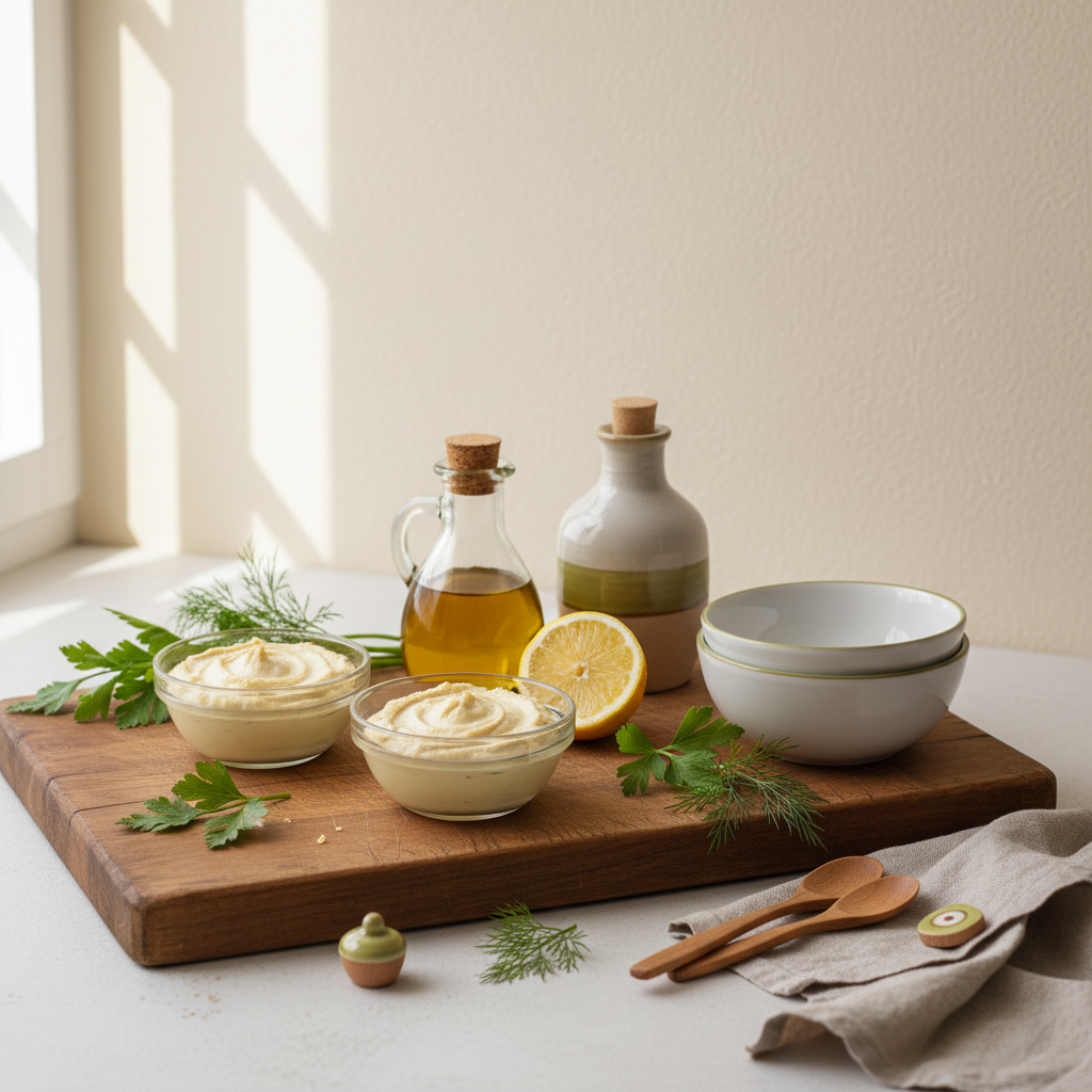 Hummus in kleinen Gläsern auf hellgrünem Hintergrund mit Zitrone, Olivenöl und frischen Kräutern – Hummus Schimmel entfernen