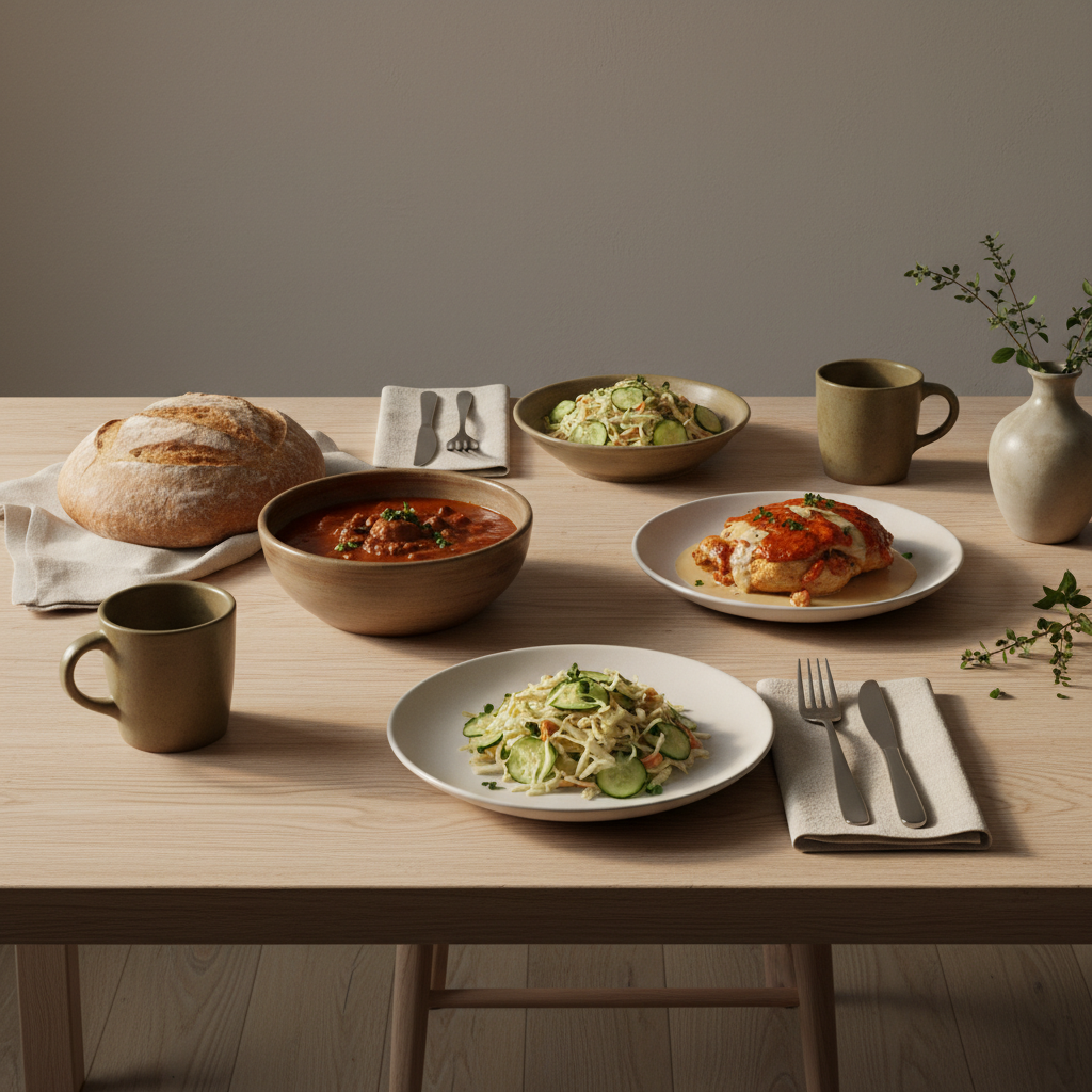 Kochbücher empfehlenswert: Vollformatfoto eines minimalistischen, gemütlichen Tischarrangements mit ungarischen und rumänischen Gerichten, warmer Lichtstimmung, Hintergrund #dbdbcf