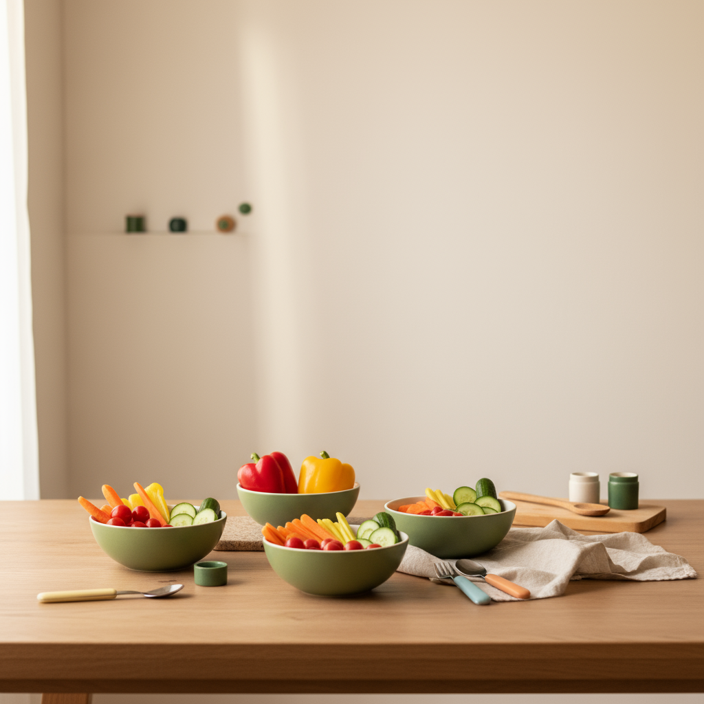 Heimelige, realistische Küchenaufnahme mit Holztisch, Schälchen mit buntem Gemüse, Kinderbesteck und dezenten Pastellakzenten – Kinderkochbuch