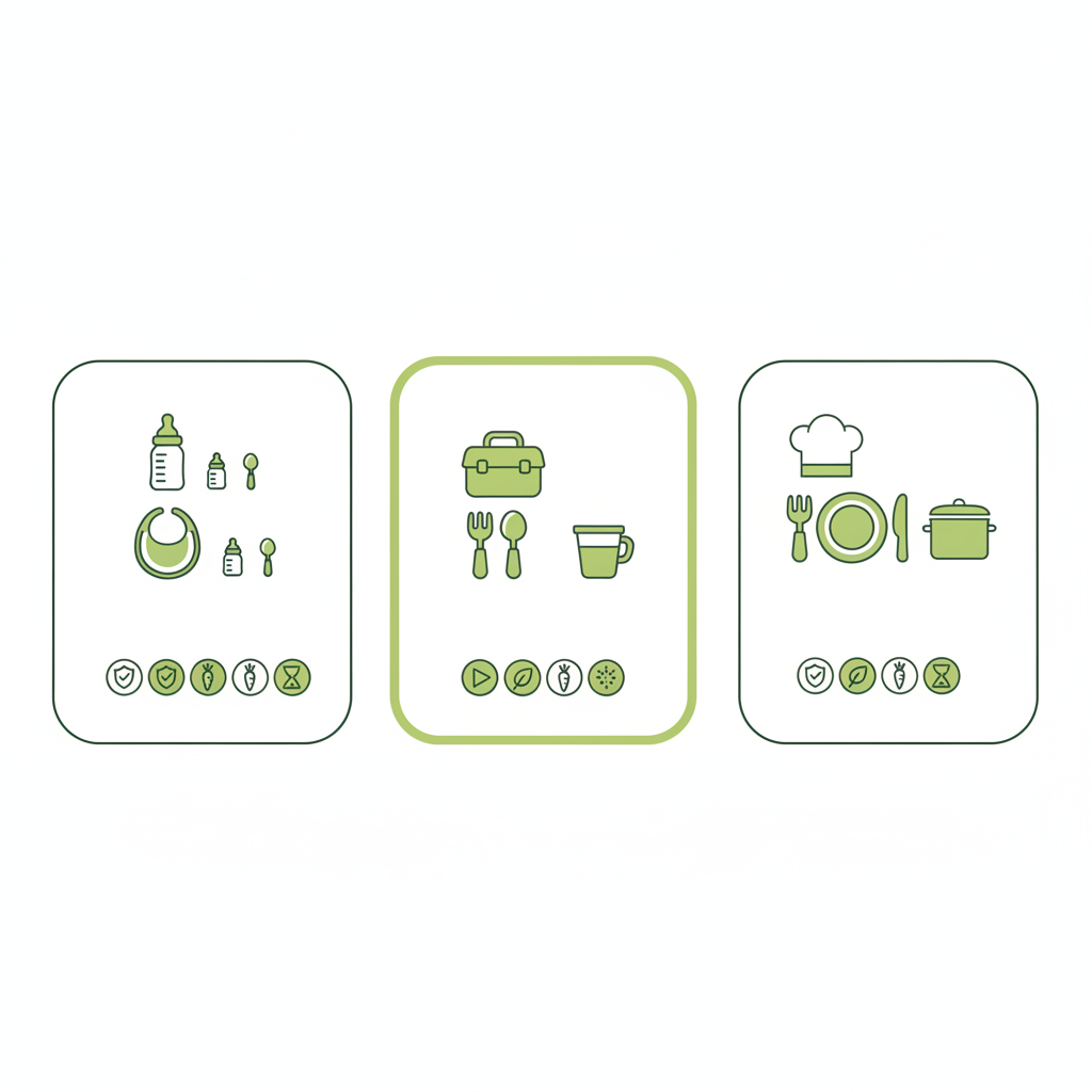 Minimalistische 2D-Vektor-Infografik für Kinderkochbuch in Schnell Lecker Farben mit drei altersstufen-Icons und Symbolen für Sicherheit, Video, Zutaten und Zeit