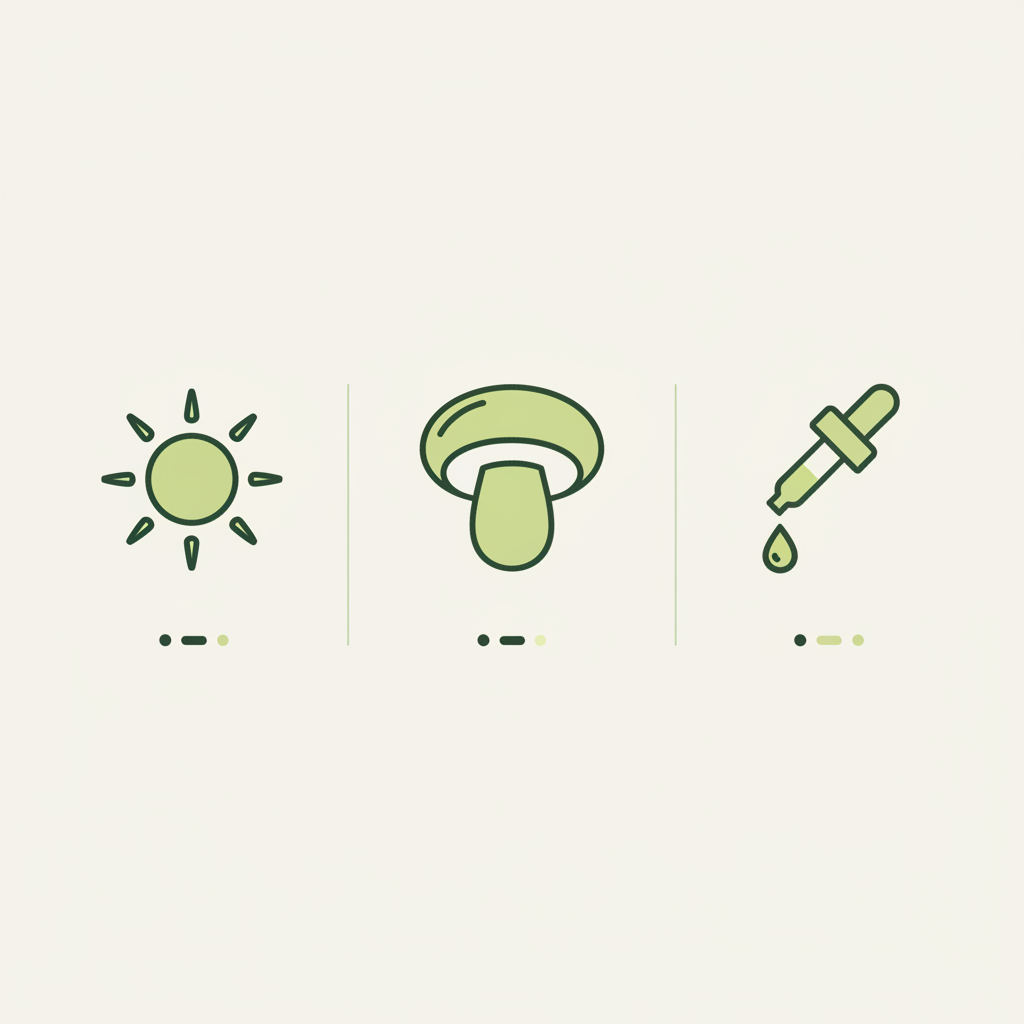 Minimalistische 2D-Vektor-Infografik zu Vitamin D Gemüse mit Sonne, Pilz und Supplement-Tropfen in Schnell Lecker Farbpalette