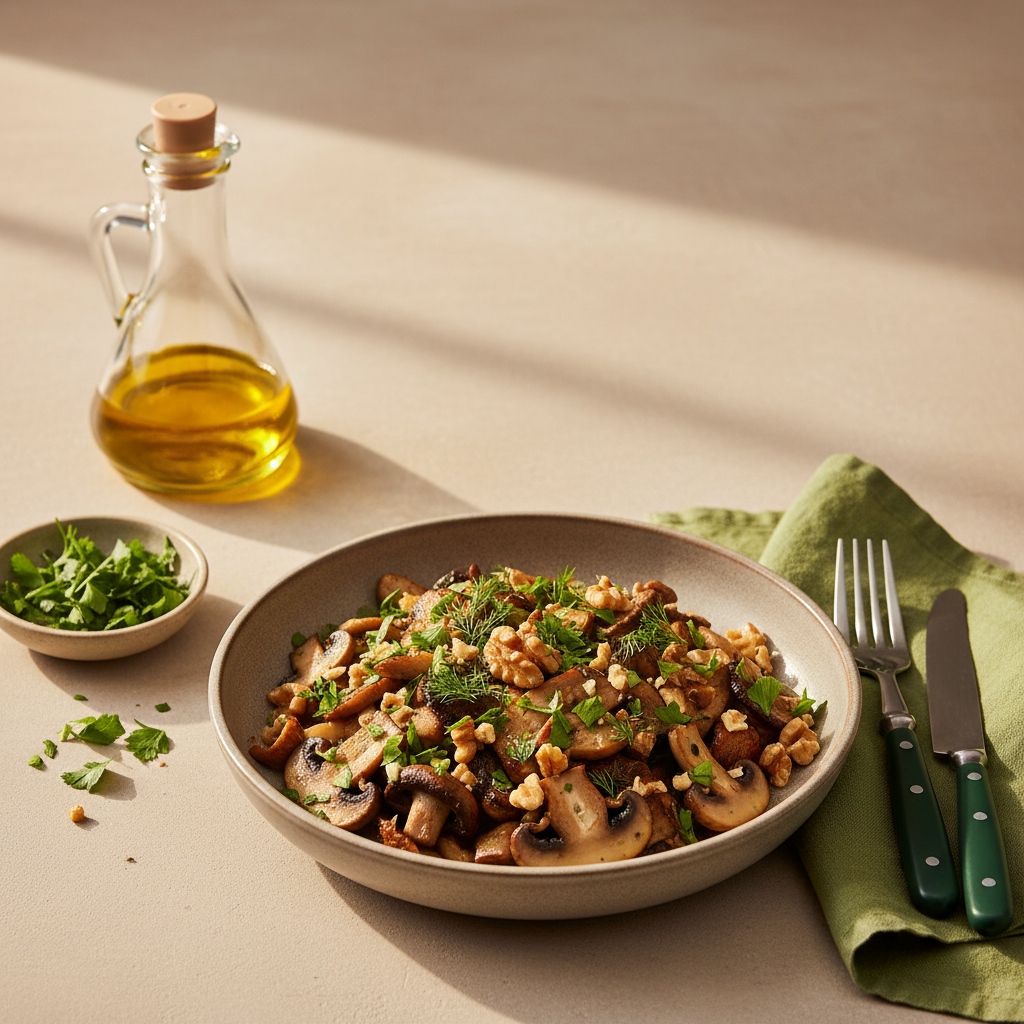 Fullframe-Foto eines heimeligen Pilzgerichts mit Olivenöl, Kräutern und Nüssen auf neutralem Hintergrund – Vitamin D Gemüse warm und minimalistisch inszeniert