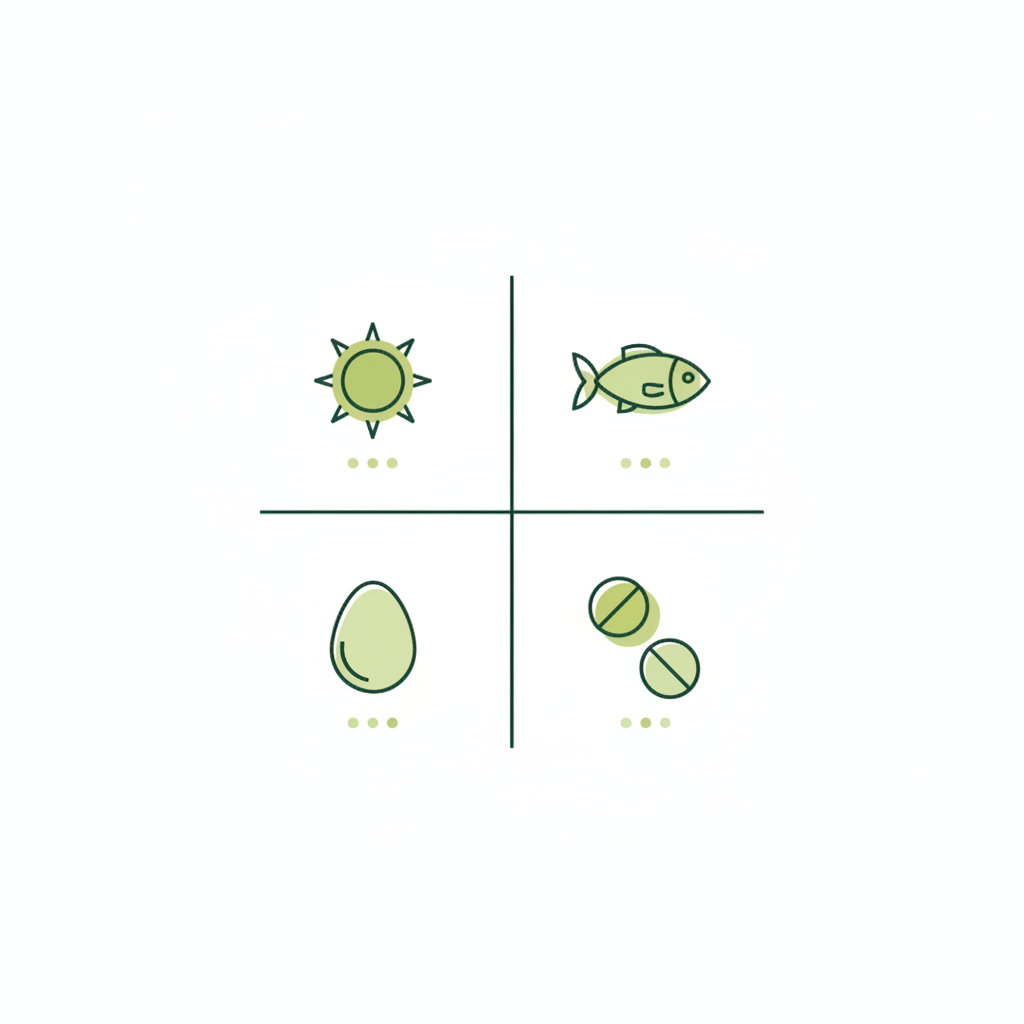 Minimalistische 2D-Vektor-Infografik mit vier Icons (Sonne, Fisch, Ei, Tablette) in Markenfarben, zeigt Vitamin D Quellen und den Vitamin D Bedarf.