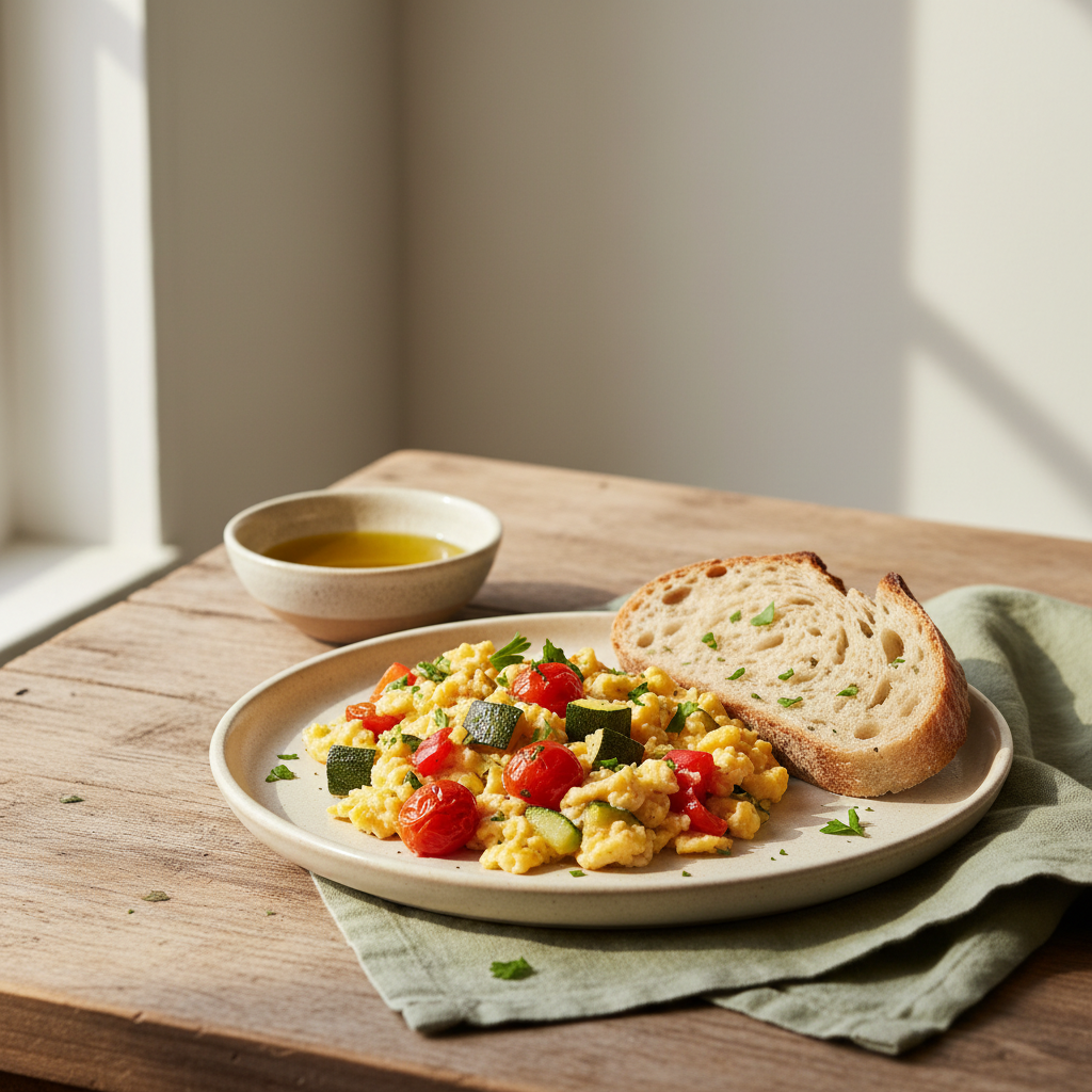 Nahaufnahme eines rustikalen Tellers mit Rührei und geröstetem Gemüse in einer minimalistischen Küche, Fokus auf Eier Vitamin D und natürlichen Markenfarben
