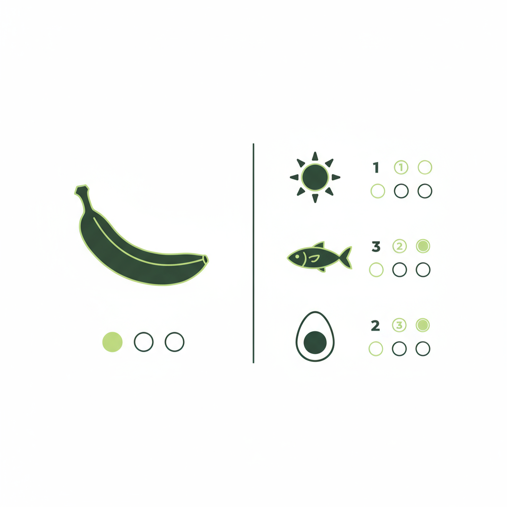 Minimalistische Vektor-Infografik: Bananen Vitamin D Vergleich mit Banane, Sonne, Fisch und Ei auf hellem #dbdbcf Hintergrund.