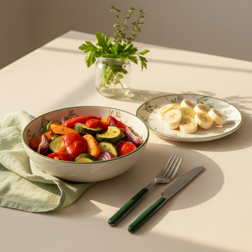 Tischszene mit Ofengemüse in Schüssel, geschnittener Banane auf kleinem Teller und Kräuterglas vor Hintergrund #dbdbcf – Bananen Vitamin D