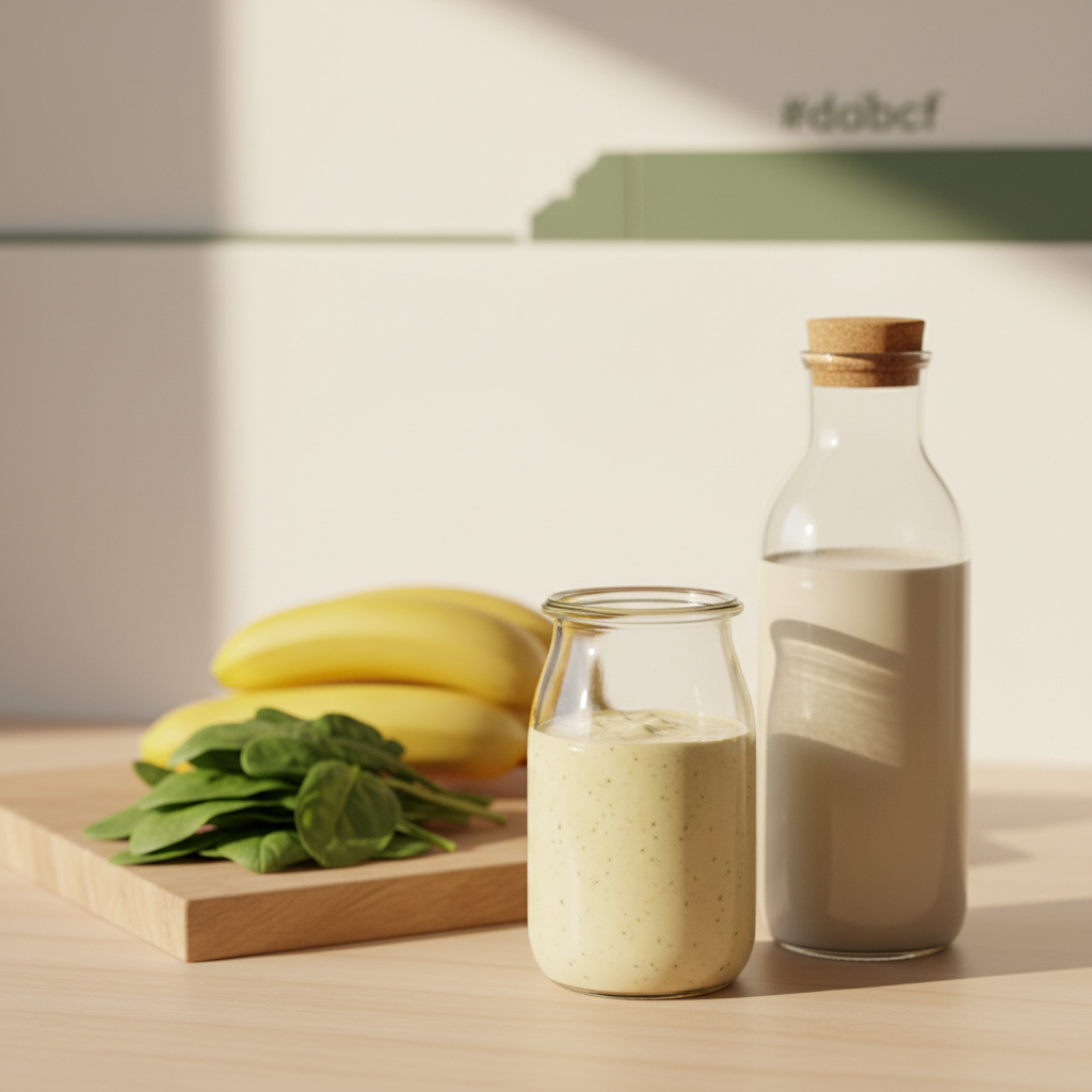Nahaufnahme eines Vitamin-D-Getränks: cremiger Hafer-Smoothie im Glas, angereicherte unlabeled Hafermilchflasche, Bananen und frischer Spinat auf minimalem #dbdbcf-Arbeitsplatz