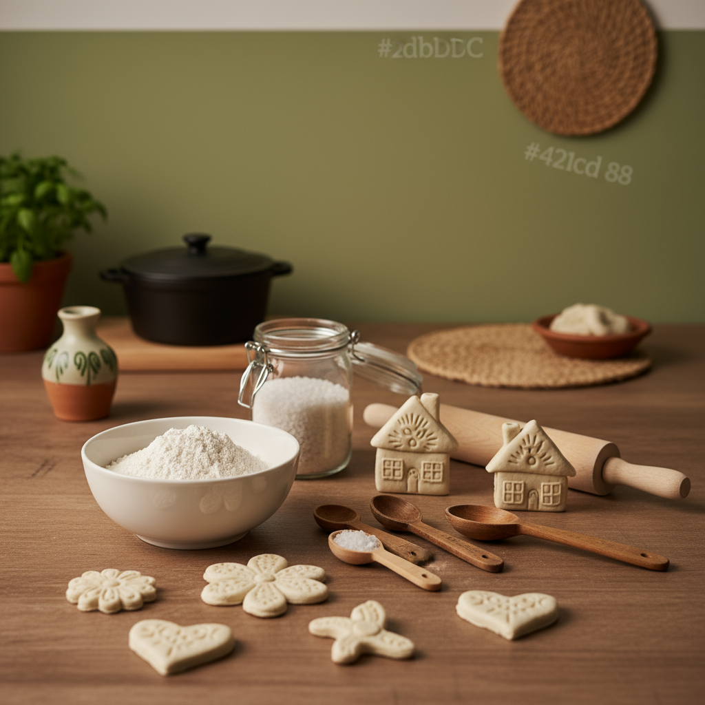 Wie mache ich Salzteig? Vollbildaufnahme eines Holz­tisches mit Schüssel Mehl, Glas Salz, Messlöffel, kleines Nudelholz und fertigen Salzteig-Anhängern bei warmem Licht