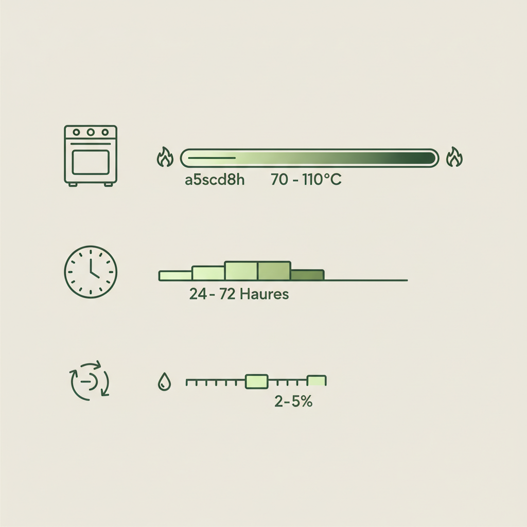 Minimalistische 2D-Vektor-Infografik zu Salzteig hart mit Icons (Ofen, Uhr, Luftzirkulation, PVA-Flasche) und drei visuellen Skalen für Trocknungsmethoden.