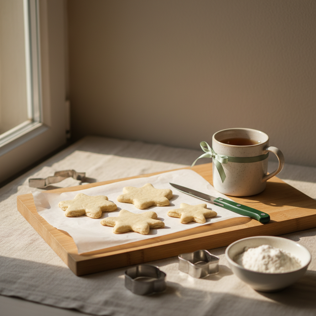 Nahaufnahme von Salzteig hart Anhängern auf Backpapier mit Messer, Ausstechern und Tasse Kräutertee vor hellem Hintergrund in Schnell Lecker Farben.