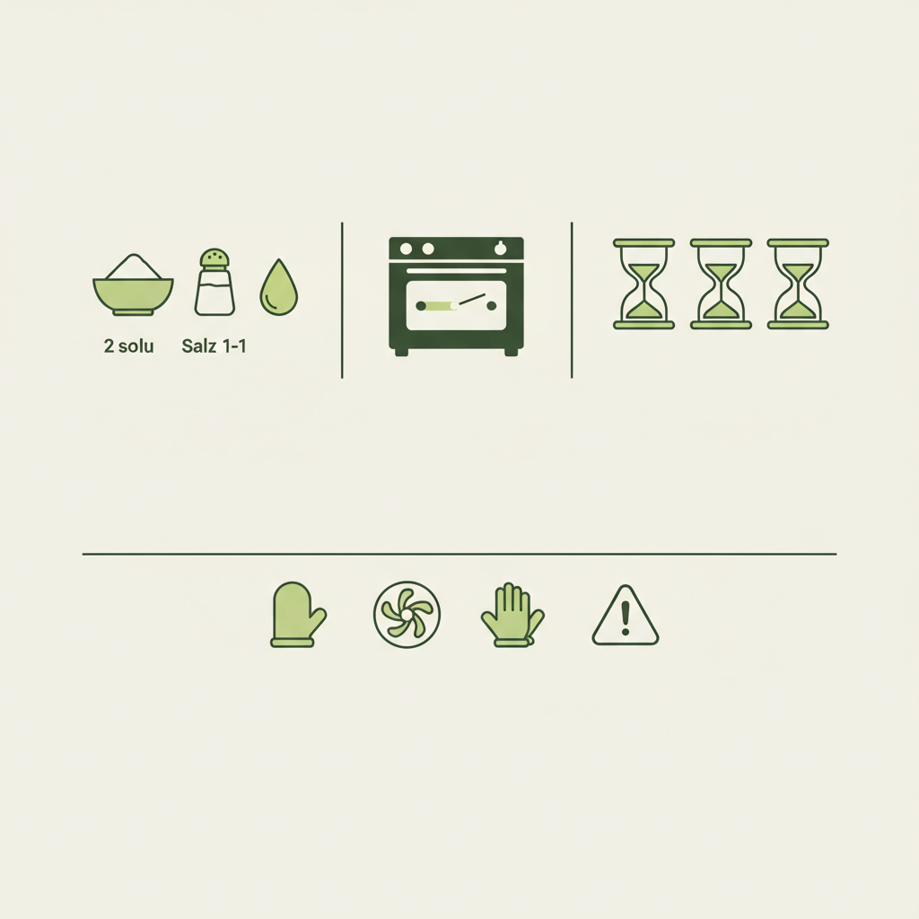 Minimalistische Vektorinfografik zum Salzteig selber machen mit visuellen 2:1:1-Zutaten, Ofen-Temperaturband 100–120°C, Trockzeiten 24–72h und Sicherheits-Icons.