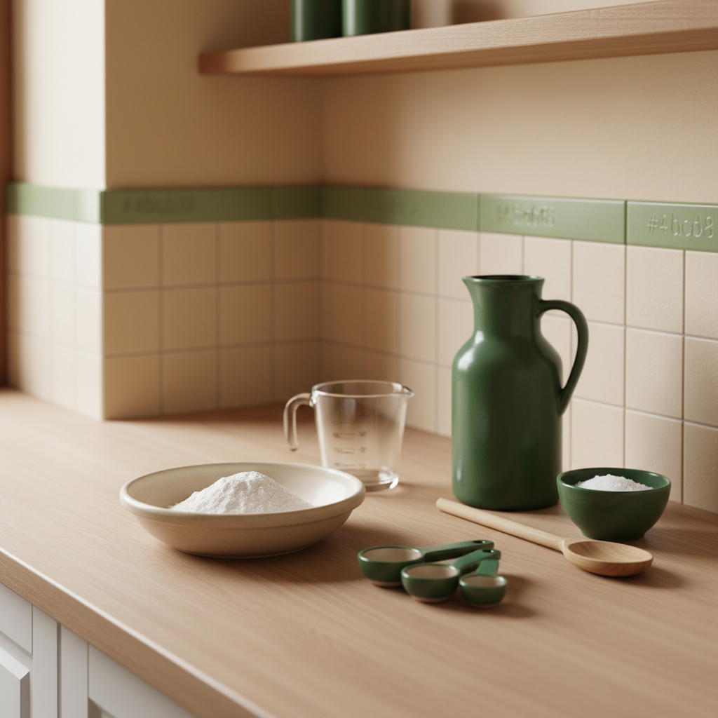 Salzteig selber machen: minimalistisches Küchen-Setup mit Mehl, grobem Salz, Messbecher und Holzlöffel auf hellem Hintergrund #dbdbcf und salbeigrünen Akzenten #a5cd8d