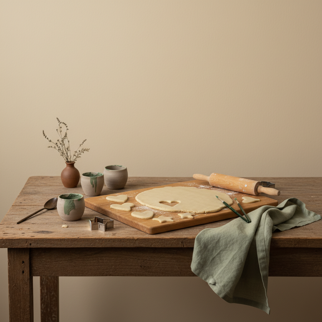 Salzteig-Bastelszene auf rustikalem Holztisch: ausgerollter Salzteig, ausgestochene Anhänger, Farbgläser und Pinsel, warmes Tageslicht, minimalistisches Layout, Hintergrund #dbdbcf