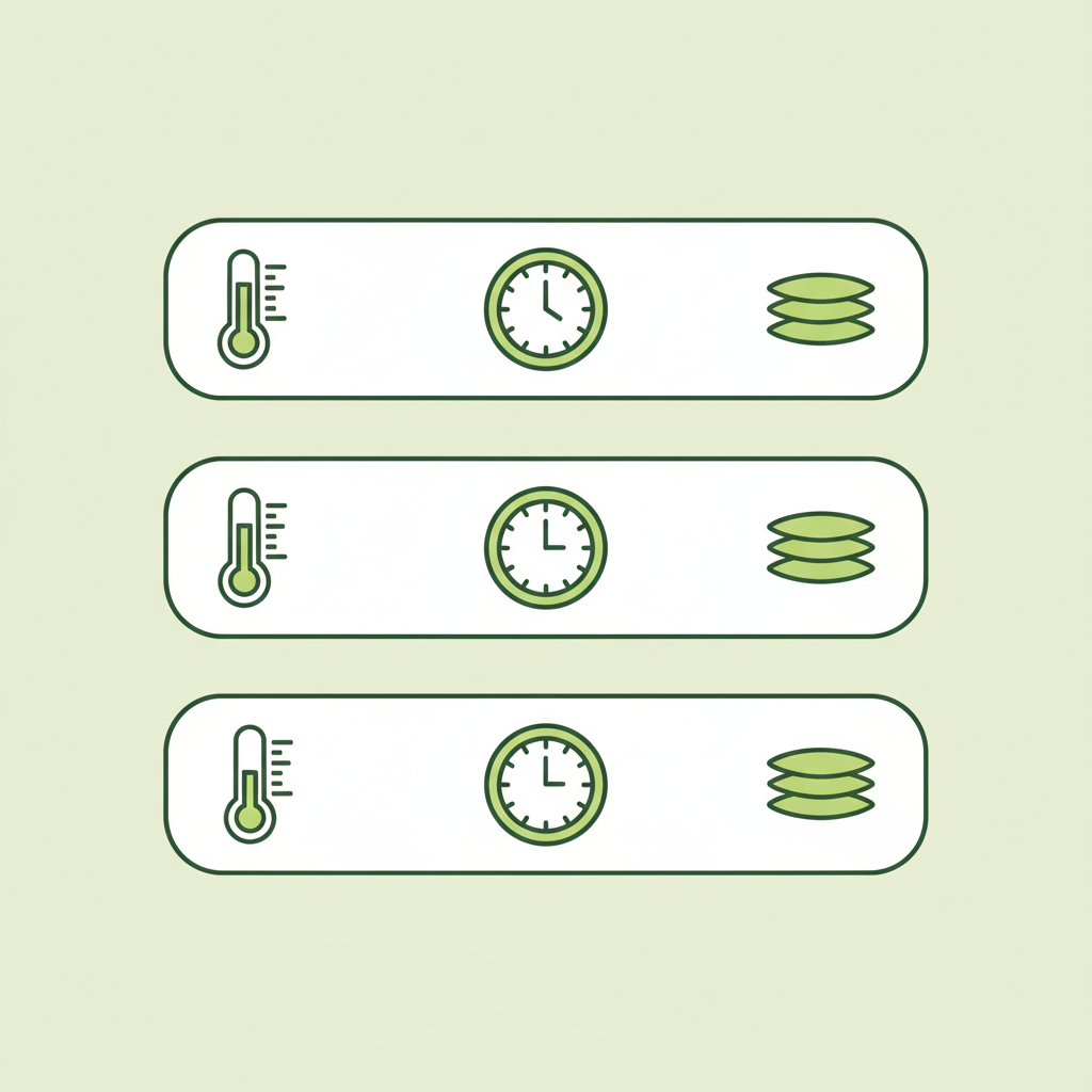 Minimalistische 2D-Infografik mit drei Temperatur-Bändern, Uhren- und Dicke-Icons zur Darstellung der Salzteig Backzeit im Schnell Lecker Farbschema.