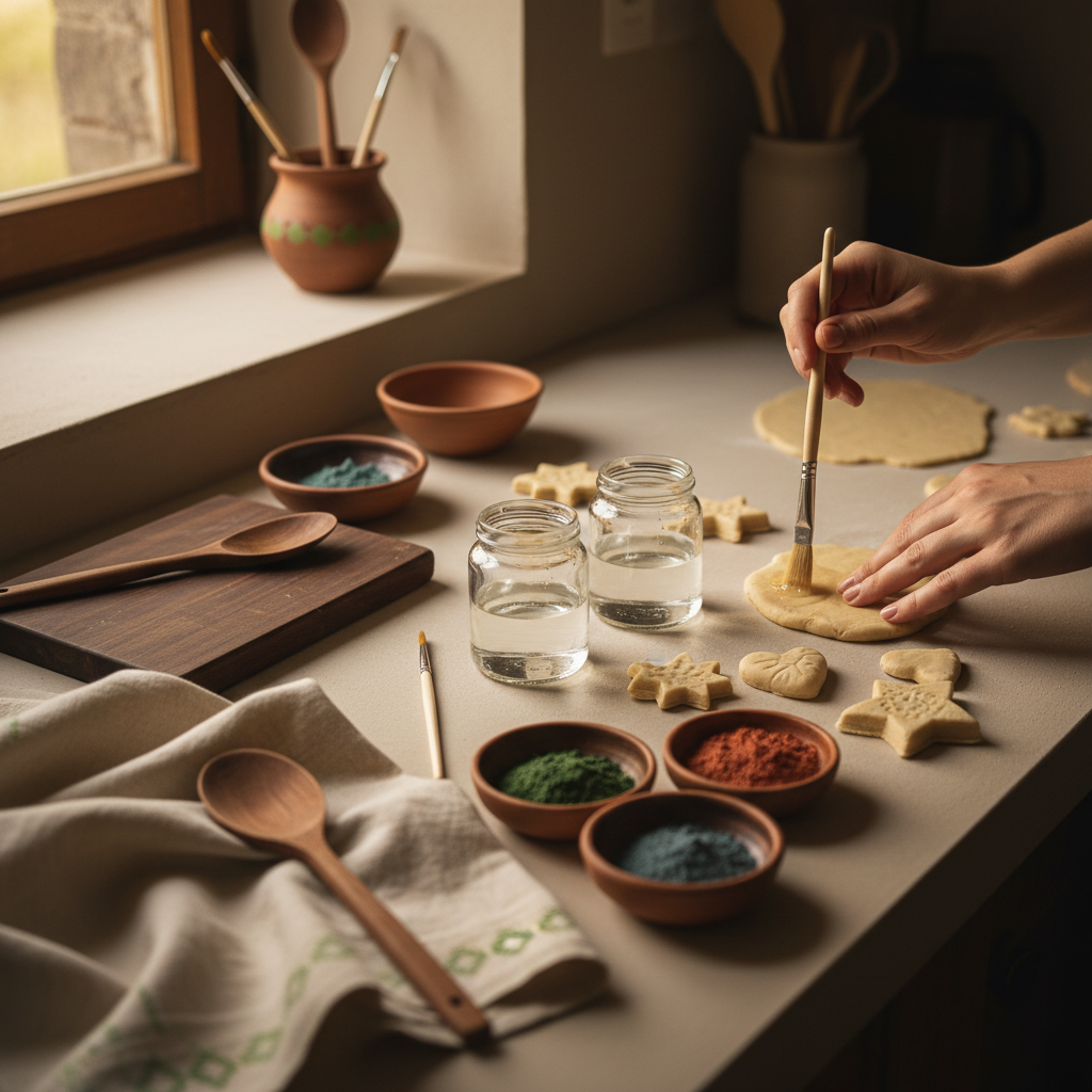 Nahaufnahme einer rustikalen Küchenarbeitsfläche beim Salzteig versiegeln mit ausgerollten Salzteigstücken, Pinseln, Lackgläsern und Farbschälchen, warmes Fensterlicht, Hintergrund #dbdbcf und dezente #a5cd8d Akzente.