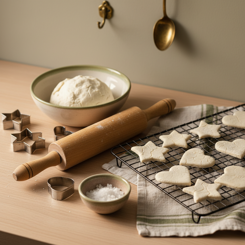 Küche mit Nudelholz, Ausstechern und Abkühlgitter mit Salzteig-Ornamenten – passend zum Thema Salzteig bei Umluft backen