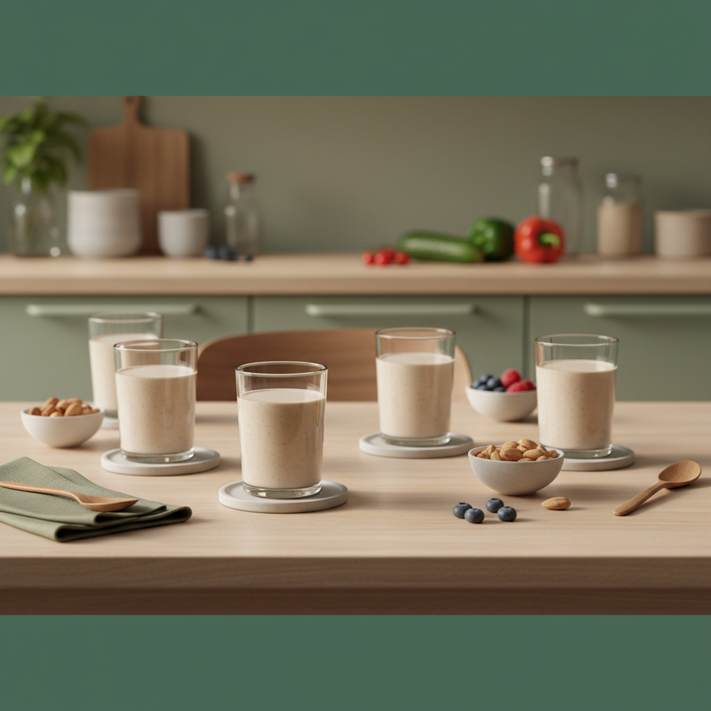 Heimelige europäische Tafel mit proteinreichen Shakes in Gläsern, Schalen mit Nüssen und Beeren und frischem Gemüse im Hintergrund — Abnehmen mit Shakes