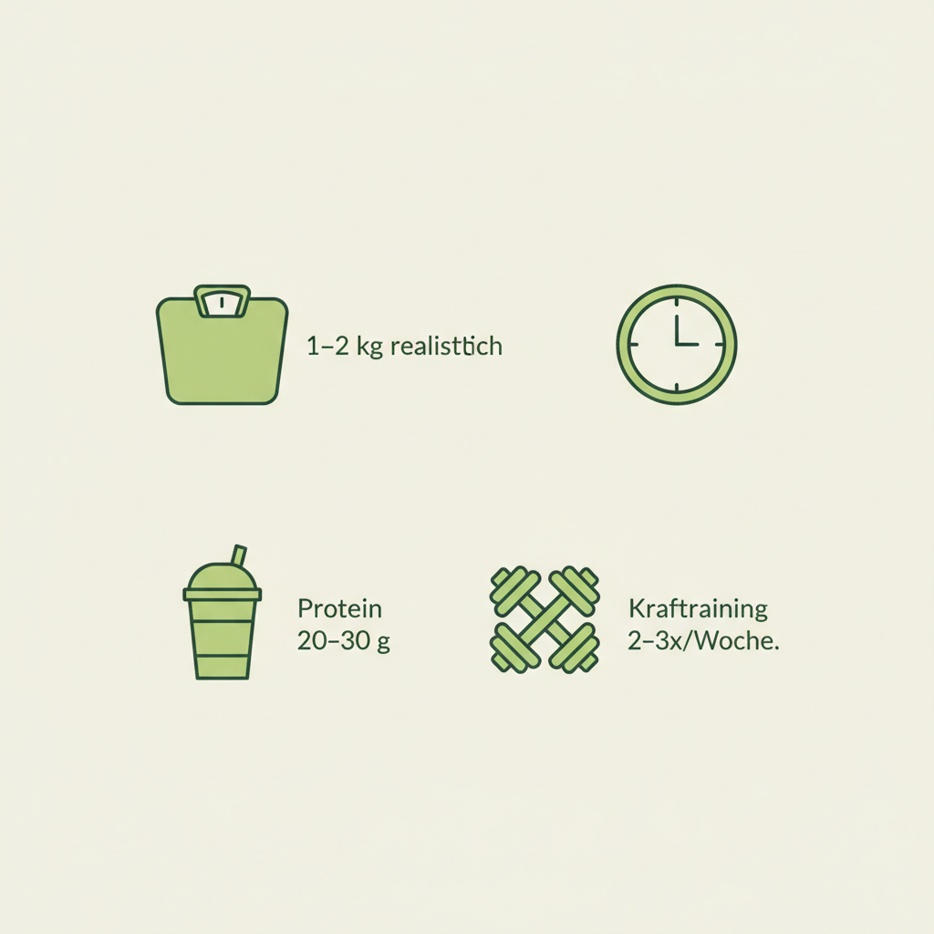 Minimalistische Vektor-Infografik: Abnehmen mit Shakes – Waage, Shake, Hanteln mit kurzen Bullet-Infos zu 1–2 kg, Protein 20–30 g und Krafttraining 2–3x/Woche