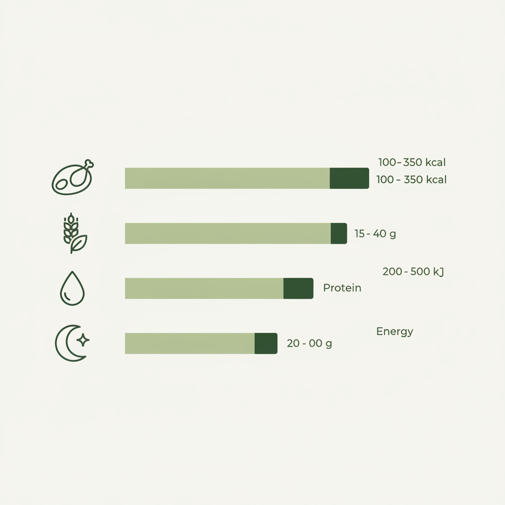 Minimalistische 2D-Vektor-Infografik zu Proteinshake abends mit Icons für Protein, Ballaststoffe, Fett und Schlaf und drei Balken für empfohlene Bereiche.