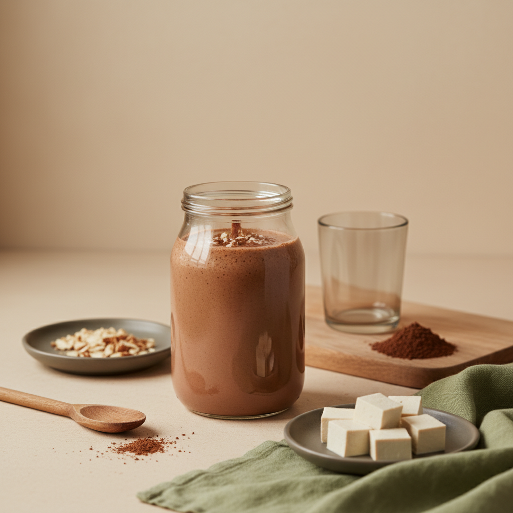 Nahaufnahme: dickflüssiger Schoko‑Mandel‑Proteinshake im Glas mit Tellern mit gehackten Mandeln, Kakaopulver und Seidentofu auf hellbeigem Hintergrund #dbdbcf – Proteinshake abends