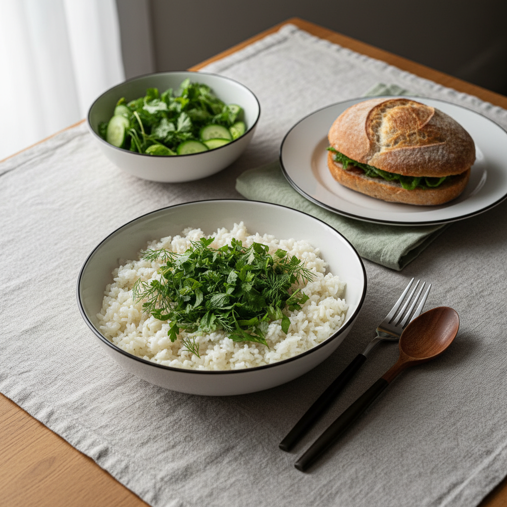 Vollformat-Foto eines minimalistischen, europäischen Mittagessens: Reis-Bowl, Sauerteig-Sandwich und kleiner Salat auf #dbdbcf Hintergrund mit #a5cd8d Akzenten — beliebtestes Mittagessen