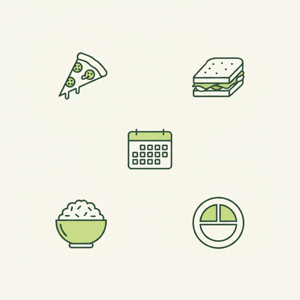 Minimalistische Vektor-Infografik zu beliebtestes Mittagessen mit Pizza, Sandwich, Reisschale, Meal-Prep-Kalender und Nährstoffteller in Schnell Lecker Farben