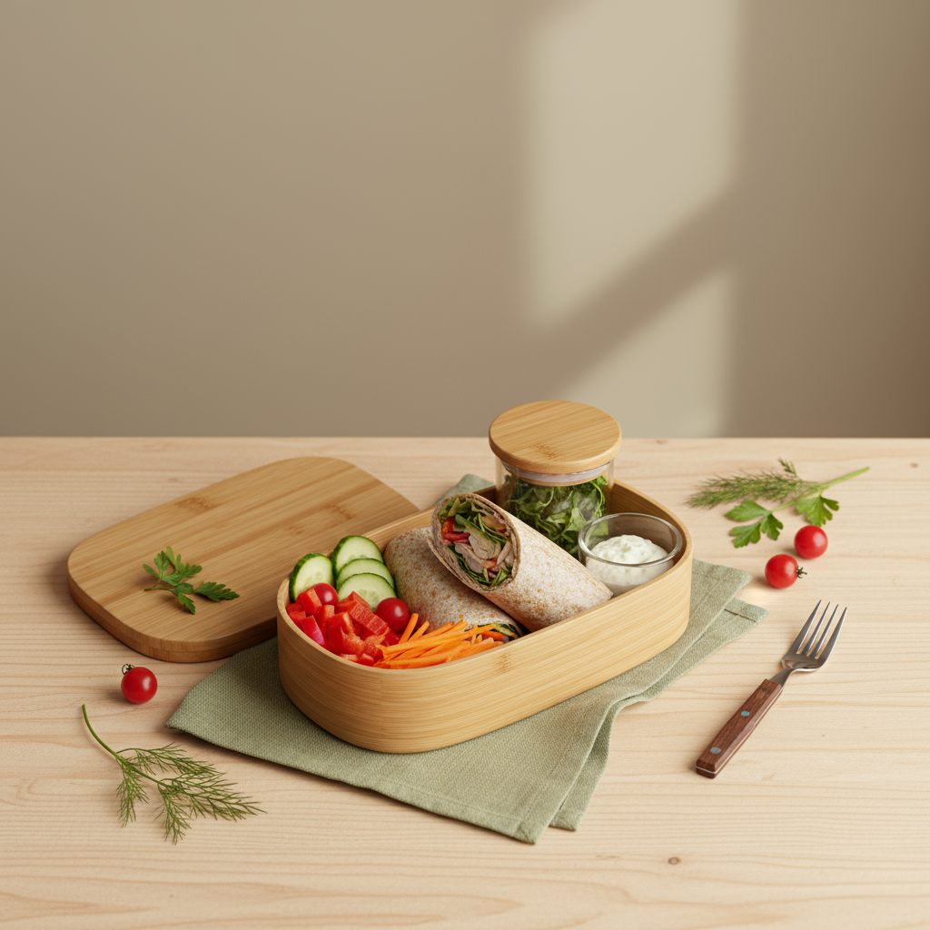 Lunchbox mit Vollkornwrap, buntem Gemüse und wiederverwendbaren Behältern auf minimalistischem Tisch im heimischen europäischen Stil – schnelles Mittagessen