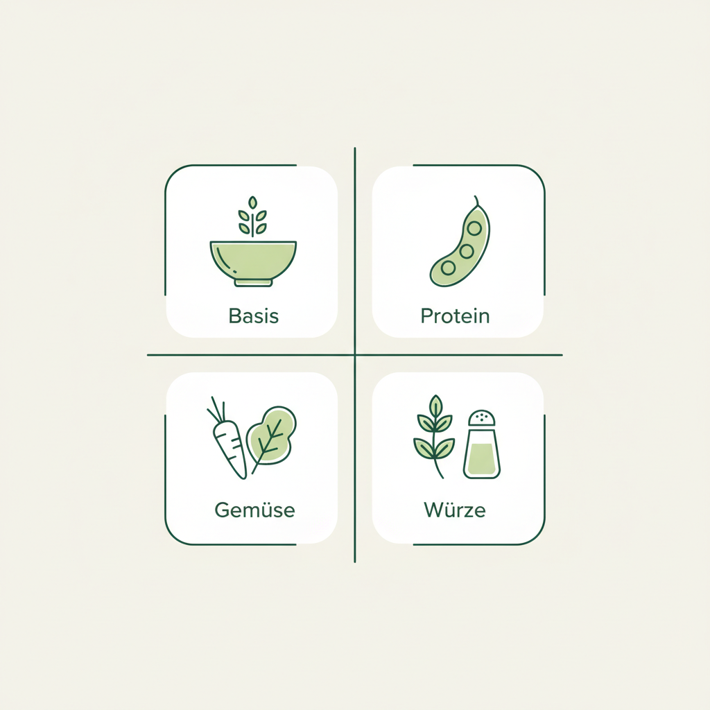 Minimalistische Vektor-Infografik mit vier Icons für ein vollwertiges Mittagessen: Basis, Protein, Gemüse und Würze in den Markenfarben von Schnell Lecker.