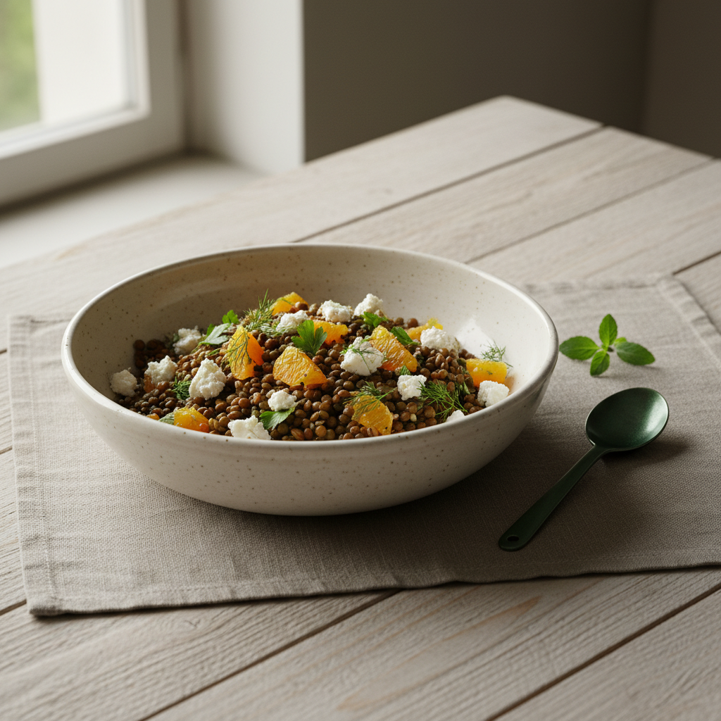 vollwertiges Mittagessen: Linsensalat mit Feta und Orangen auf Holztisch, minimalistisches Full-Frame-Stillleben in dezenten Markenfarben #dbdbcf, #a5cd8d, #21431f