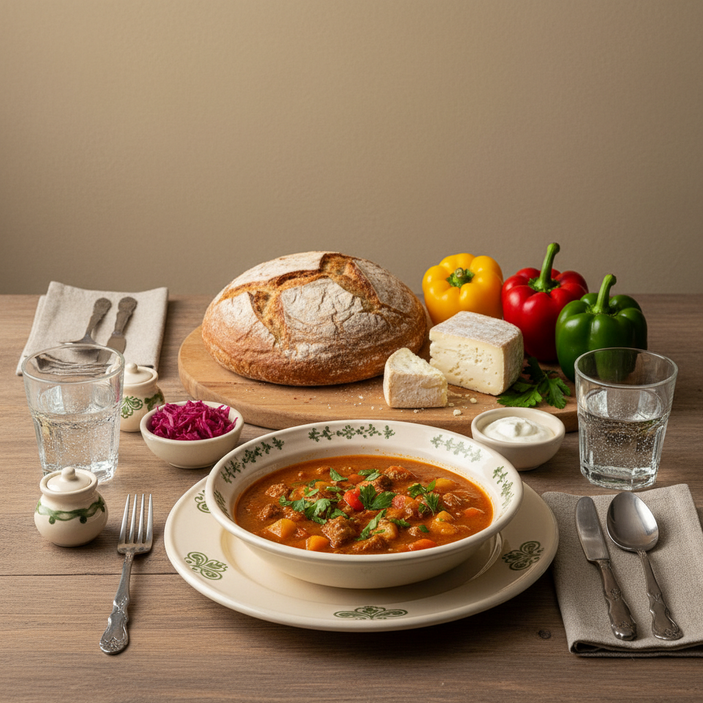 Rustikaler europäischer Mittagstisch mit rustikalen Tellern, frischem Brot, Gemüse und Kräutern in warmer Tageslichtstimmung – Mittagessen Uhrzeit.