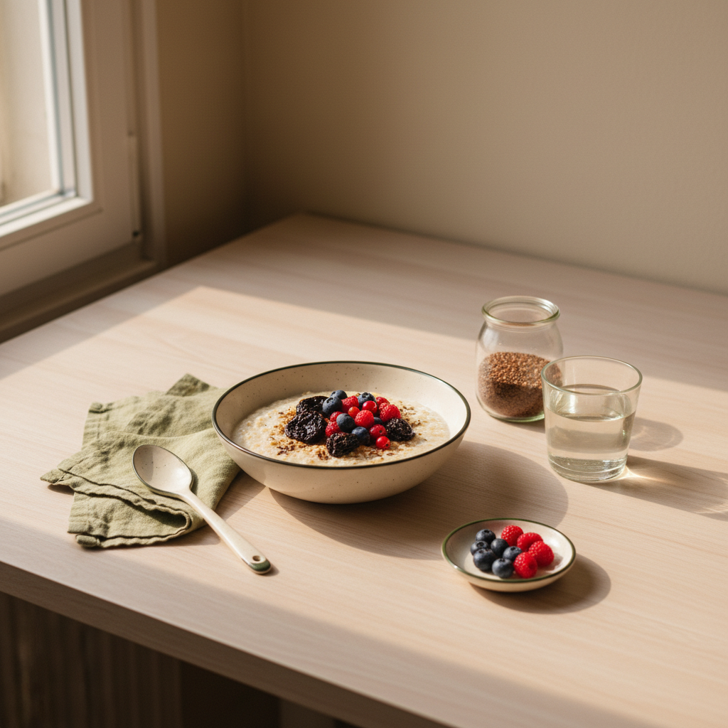 Frühstück mit Haferbrei, Pflaumen, frischen Früchten, Leinsamen im Glas und lauwarmem Wasser in heller, minimalistischer Küche – Was hilft gegen Verstopfung ganz schnell