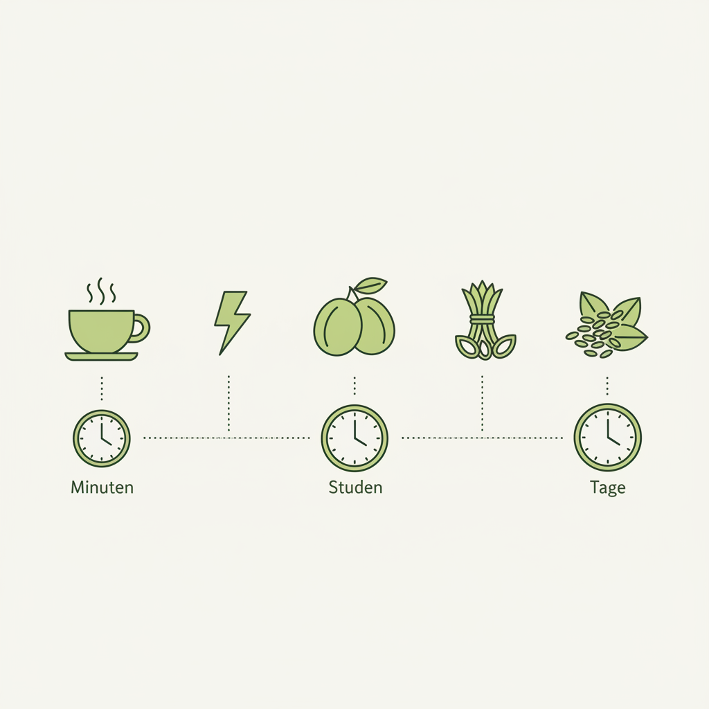 Vektor-Infografik Timeline mit Ikonen (Kaffee, Stimulans, Pflaumen, Psyllium, Leinsamen) zur Darstellung eines schnell abführendes Hausmittel ohne Text